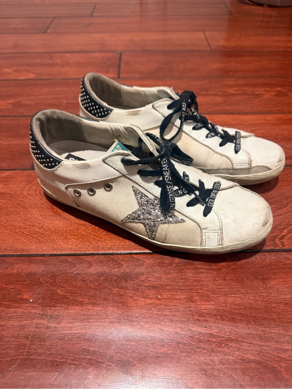 Golden Goose White Sneakers with Silver Glitter Star and Black Accents